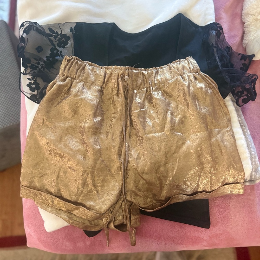 High-Waist Metallic Gold Elastic Waist Women’s Shorts